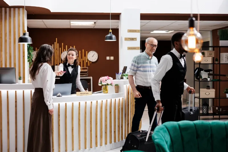 Visitors at a hotel reception desk