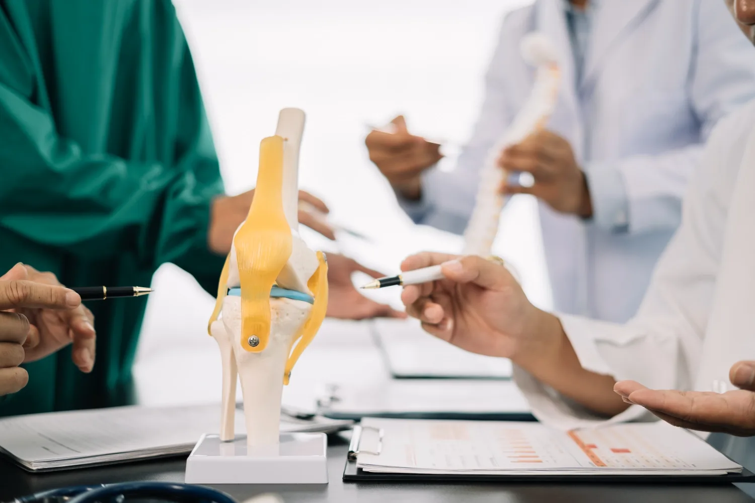 A clinician explaining a knee model